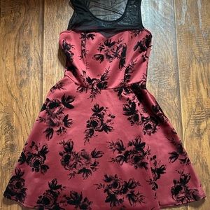 Red dress with velvet black roses and mesh neckline